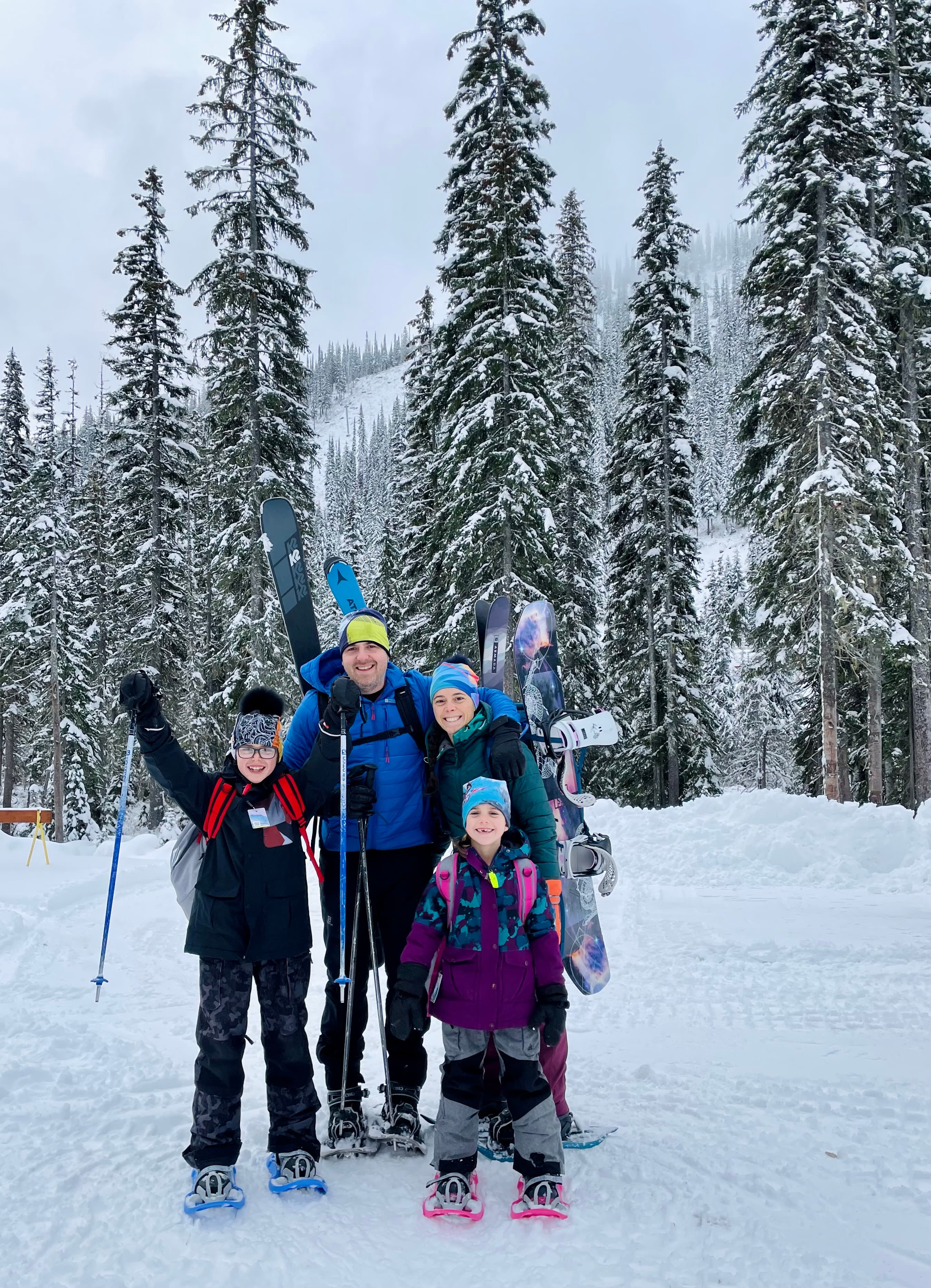 The whole family on a backcountry adventure in the snow