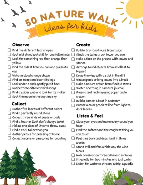 Nature Walk Checklist: 50 Ideas for Kids