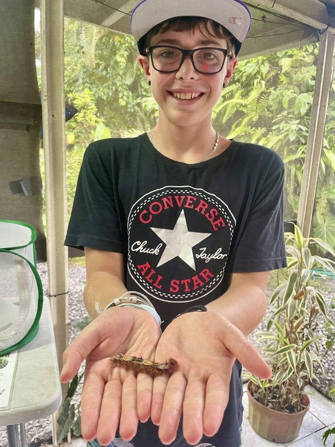 Amelie's son holding a find in his open hands