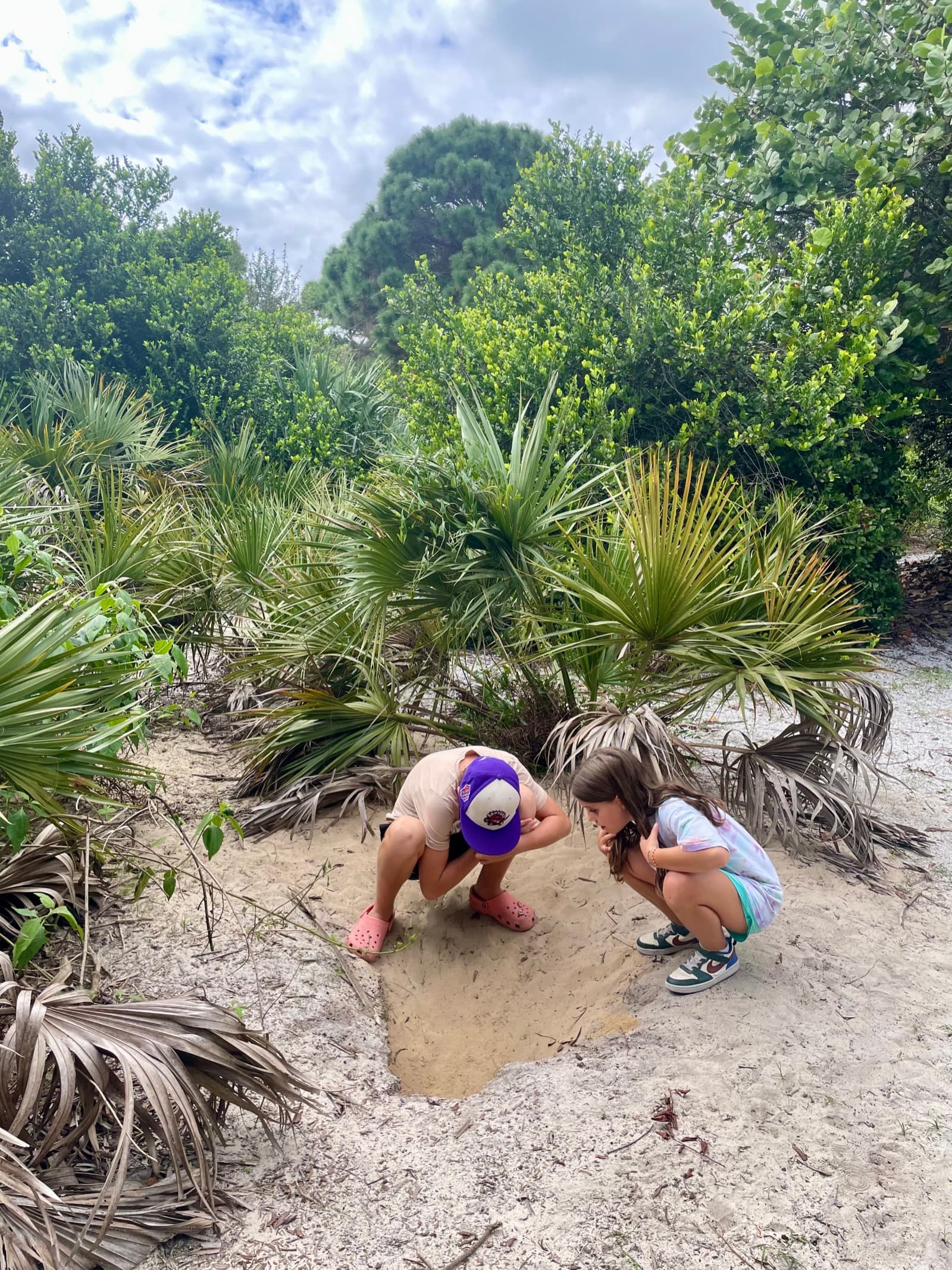 Two kids crouching down and digging in sand surrounded by tropical plants, investigating what they found