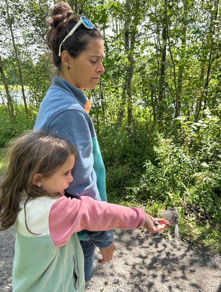A girl holding out seeds for the birds