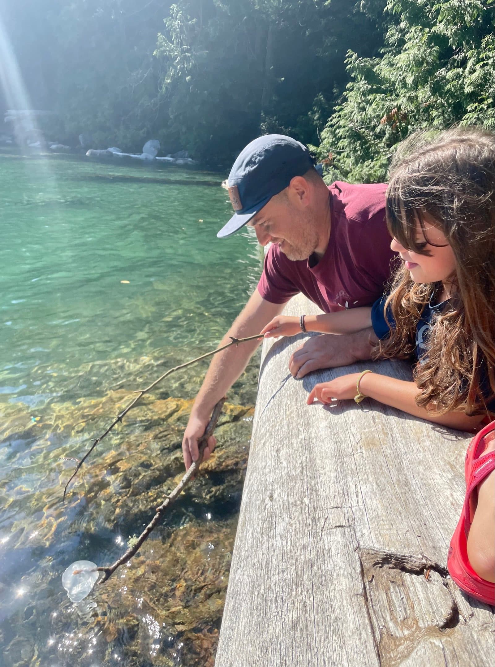 Parent and child leaning over a dock together, looking into clear water, exploring and thinking side by side