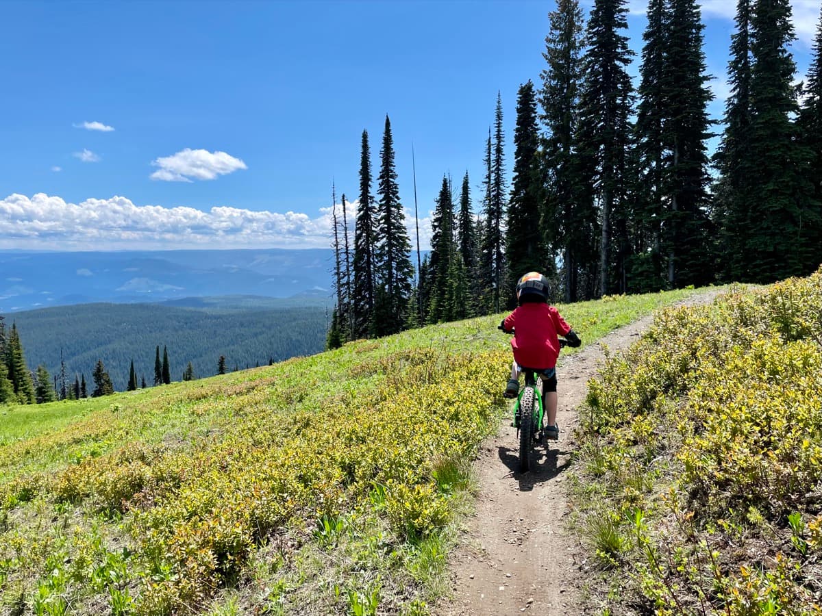 Kid riding a bike independently on a forest trail, making their own way