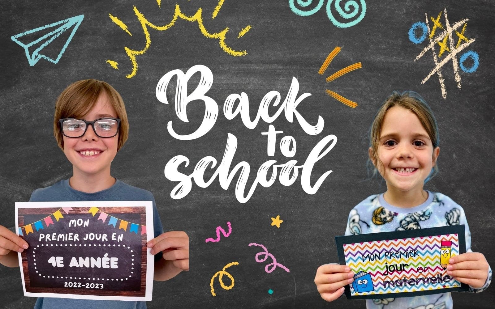 A chalkboard-style back to school graphic with two kids holding their handmade first day signs, one for fourth grade and one for kindergarten