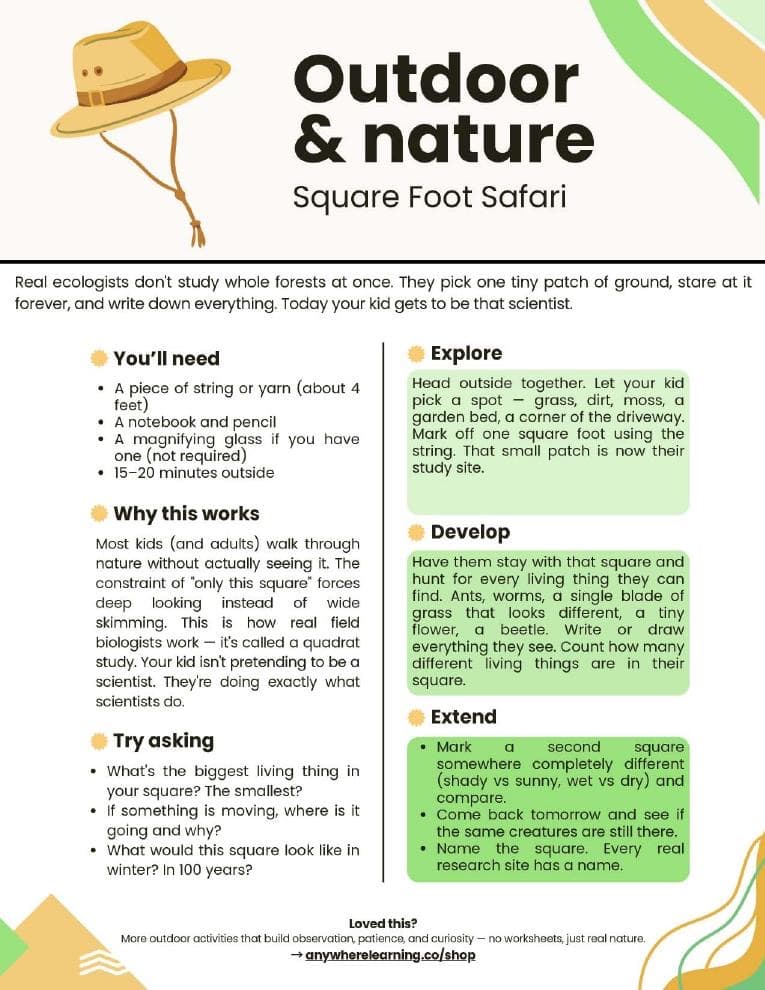 Inside the guide: the Day 1 page, Square Foot Safari