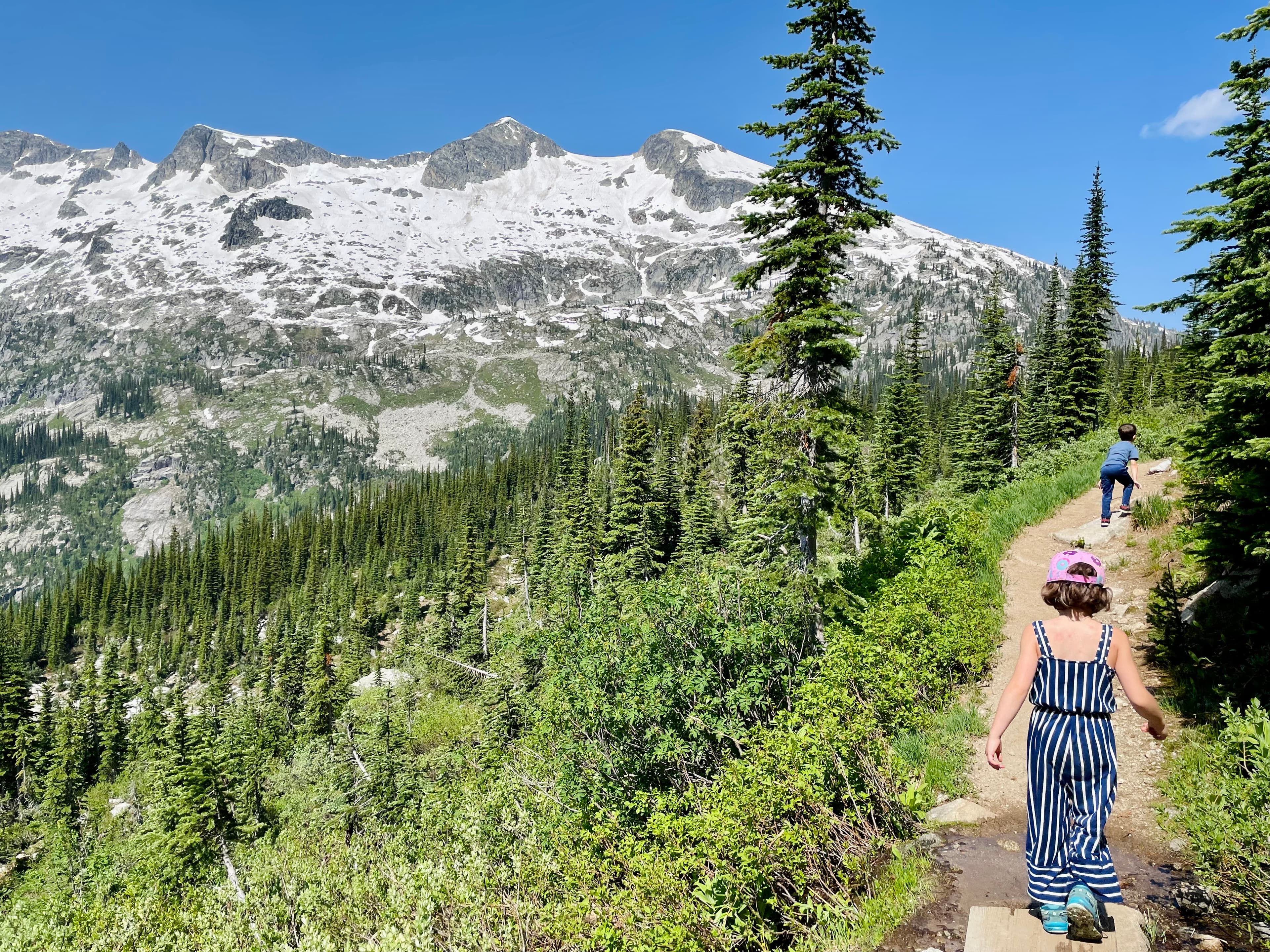 Kids hiking a mountain trail toward snowy peaks through alpine meadows
