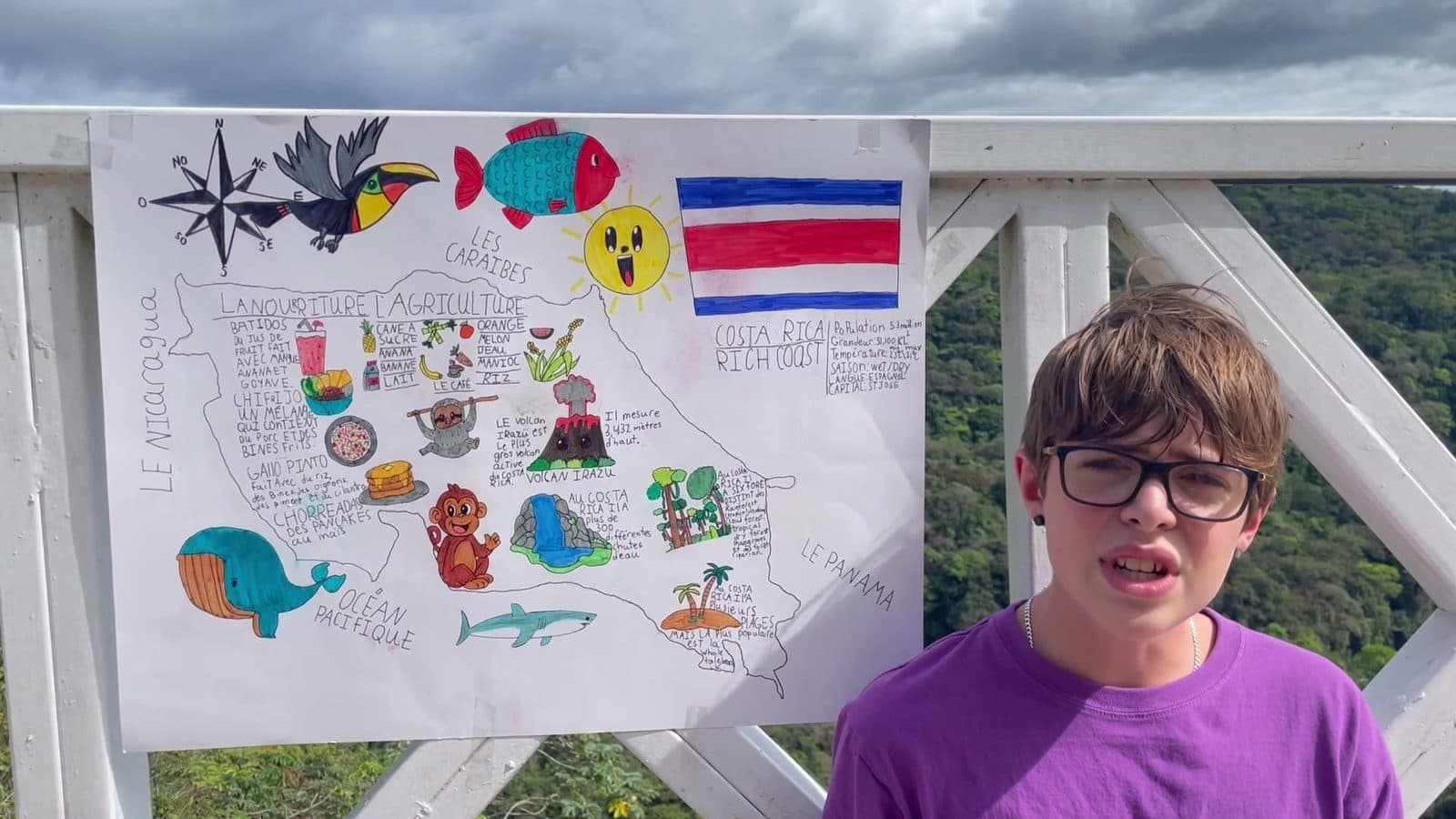 Kid presenting a hand-drawn map of Costa Rica he researched and labeled in French, the kind of real-audience writing that builds the skill better than any worksheet