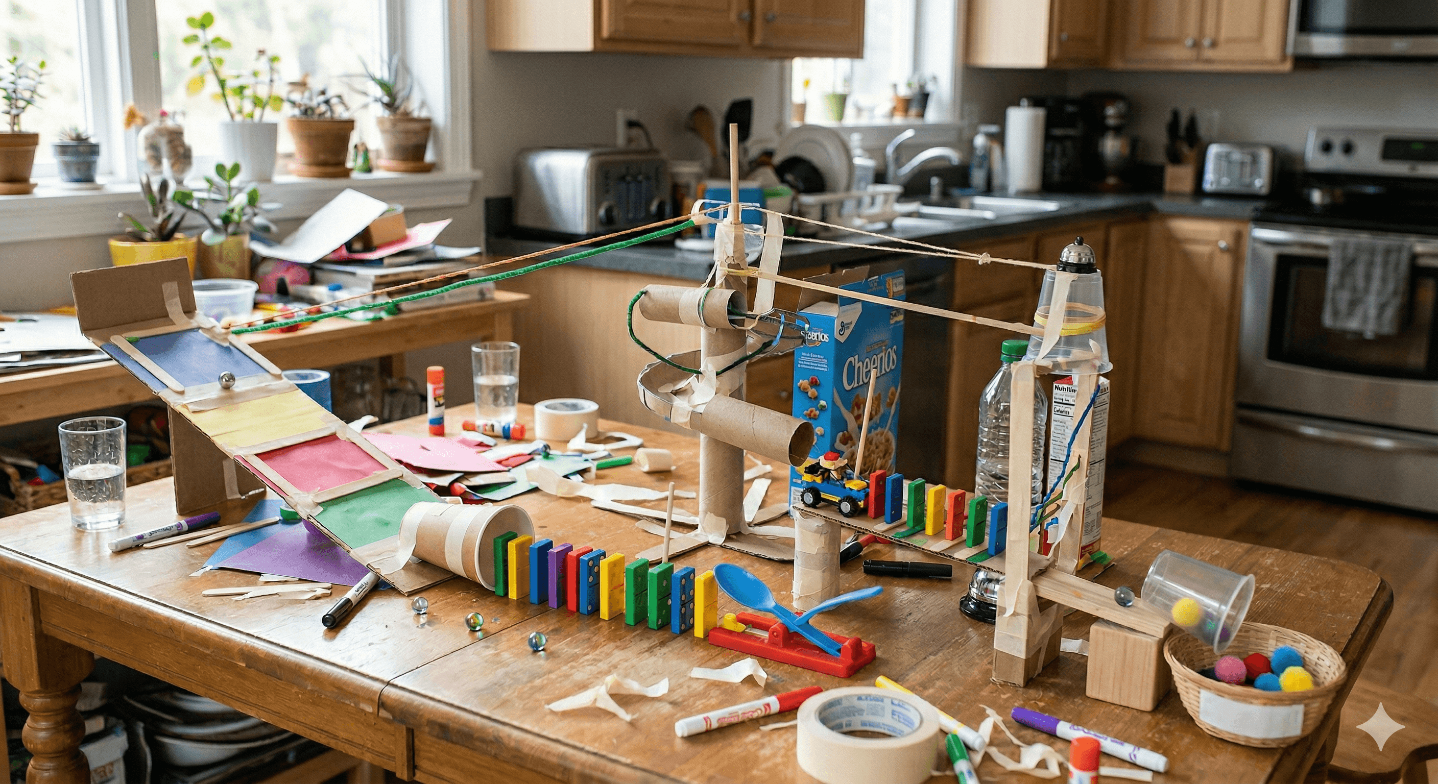 Child building a chain reaction machine with dominoes, cardboard tubes, and household items